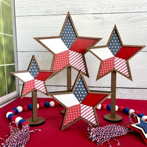 Patriotic farmhouse standing stars, pieced design, shelf sitter, 5 sizes