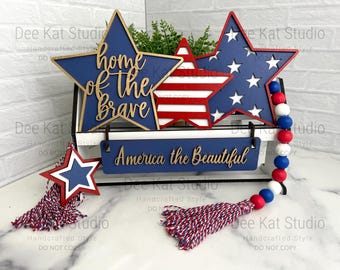 Patriotic Raised Shelf Sitter Decor - Interchangeable Holiday/Seasonal Set - Hand-Painted Stars, Home of the Brave and America the Beautiful