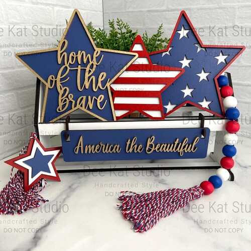 Patriotic Raised Shelf Sitter Decor - Interchangeable Holiday/Seasonal Set - Hand-Painted Stars, Home of the Brave and America the Beautiful
