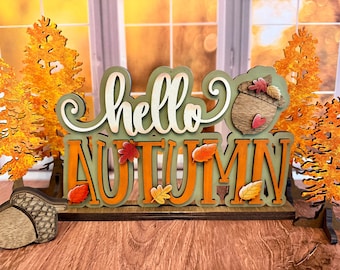Hello Autumn Shelf Sitter | Rustic Fall Decor | Wooden Sign with Leaves & Acorn | Farmhouse Mantel Decor
