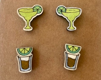 Taco studs, margarita studs, tequila shot studs, Mexican cuisine, Mexican food stud earrings, wooden earrings, Taco Tuesday