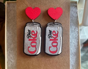 Hand-Painted Wooden Diet Coke Earrings, Stud Dangle, Sensitive Ear Wires