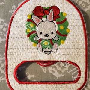 Embroidery Machine Design for an In the hoop Bunny in Christmas Wreath Towel Holder