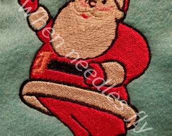 May include: Embroidered Santa Claus design in red, white, and black on a turquoise background. Santa is waving with his right hand and has a jolly expression on his face.