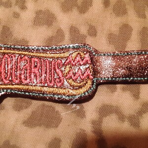 May include: A brown and gold embroidered patch with the word "Aquarius" in pink lettering. The patch has a glittery finish and is edged in green thread.