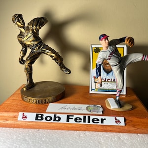 Bob Feller Cleveland Indians Autographed Hartland Statue and a Starting Lineup Figure Custom Made Royal Oak Wood Plaque Display