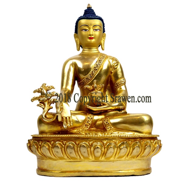 Gold Gilded with Face Painted 8.25" Medicine Buddha Copper Nepal Statue