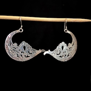 Sterling silver Earring -Handmade Nepalese Dangling Earring-Floral on Moon Earrings