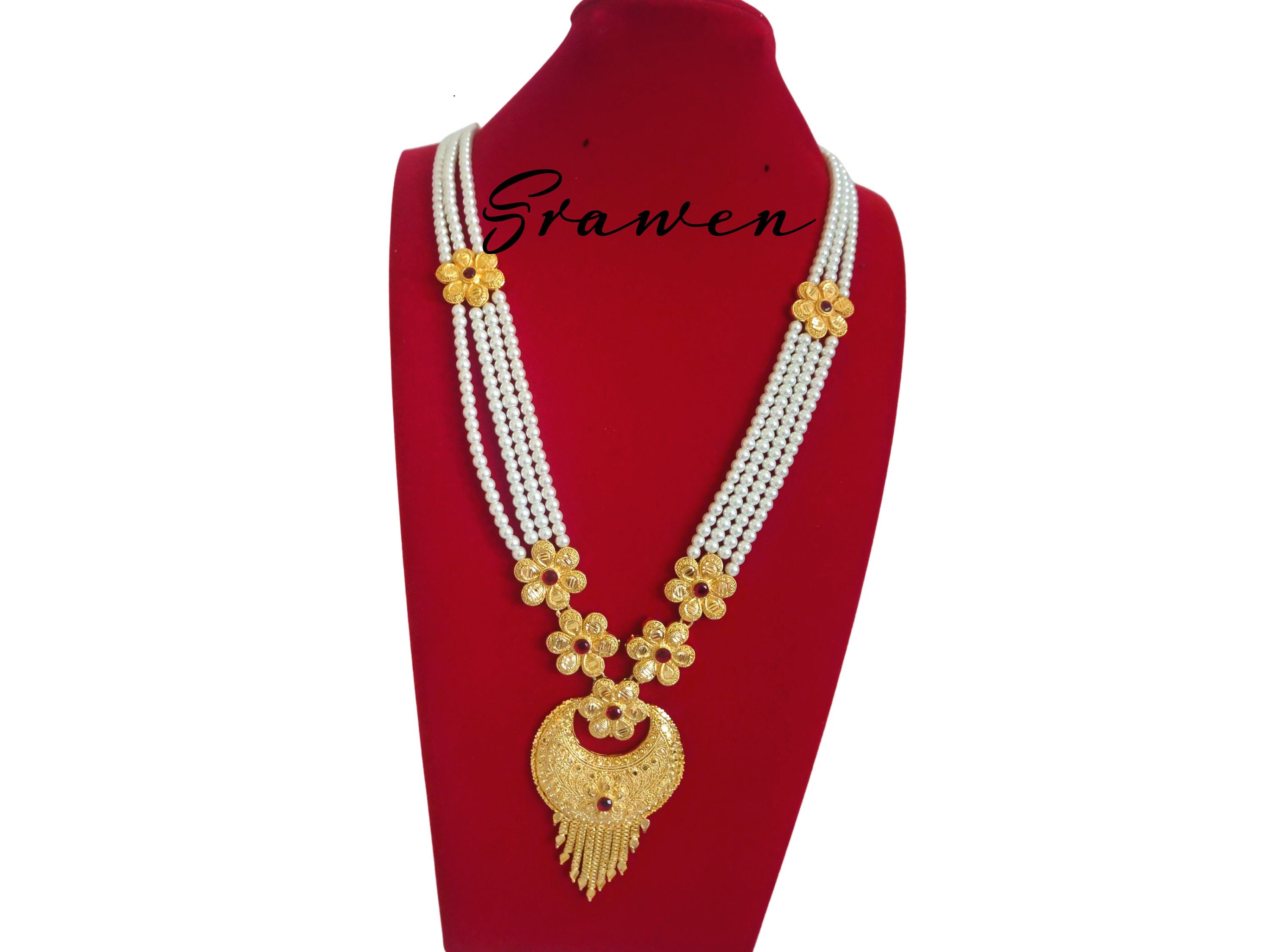 Gold Plated Long Pearl Necklace Moti 