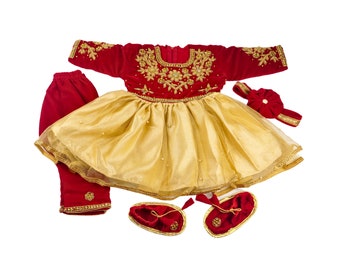 Rotes Samt Pasni Kleid für Baby Mädchen: Nepali Reis Fütterung Outfit