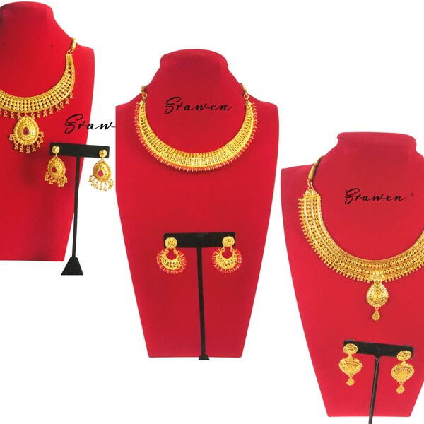 Gold Plated Necklace Indian Nepali Bridal Jewelry Choker set/Minihaar With Earrings