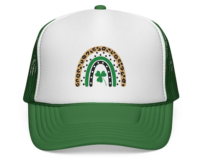 Featured listing image: Leopard Shamrock Rainbow Trucker Cap | St. Patrick's Day green hat