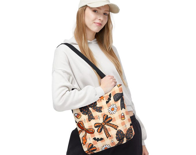 Featured listing image: Cute Halloween Tote Bag, Fall Plaid Bow Daisy Trick or Treat, Reusable Handbag, Grocery Bag, Holiday Shopping Bag, Halloween Party Favor