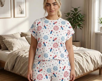 Korte pyjamaset met vuurwerk en raketten | Patriottische 4 juli-nachtkleding