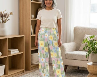 Pastel Spring Flowers Pajama Pants | Tulip Daisy Pattern
