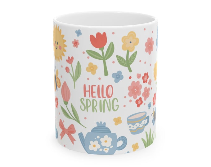 Featured listing image: Hello Spring floral pattern Mug | ceramic coffee cup, tea cup 11oz 15oz