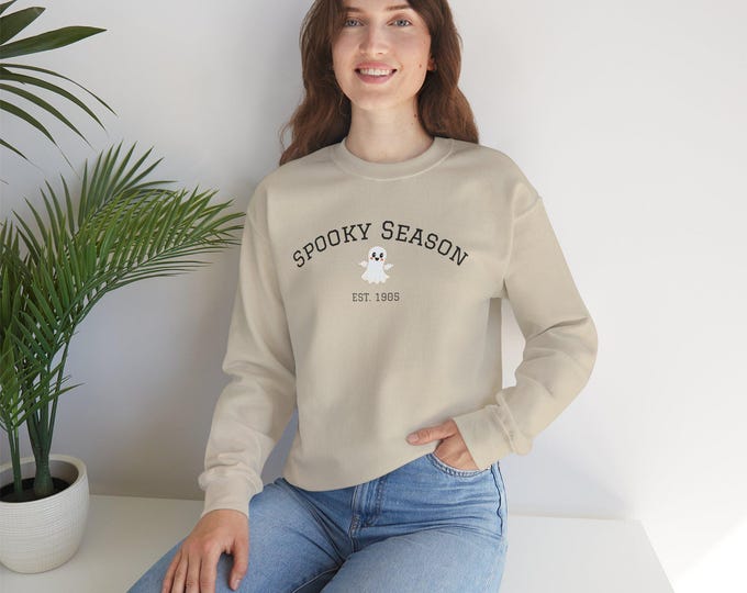 Featured listing image: Spooky Season Crewneck Sweatshirt for Halloween Lovers, Cozy Halloween Apparel, Unisex Sweatshirt, Fall Fashion, Ghost Print Sweatshirt