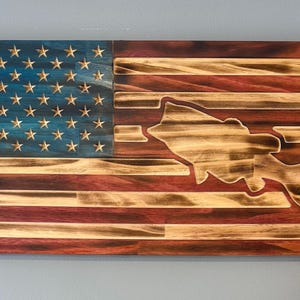 Rustic Bass flag- Fishing Decor- Largemouth Bass Fishing Gift- Handmade Rustic American Flag Wood Wall Art with Bass Fish Cutout – Patriotic