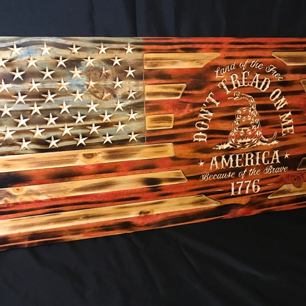 US Rustic Wood Burned Gadsden Flag , Dont Tread On Me American Flag