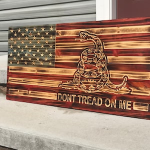 Don’t Tread on Me American Flag - US Rustic Wood burned Gadsden Flag