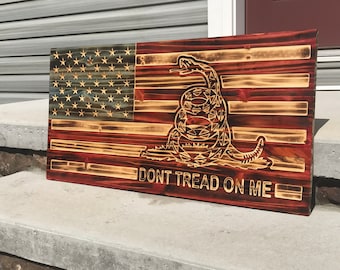 Don’t Tread on Me American Flag - US Rustic Wood burned Gadsden Flag
