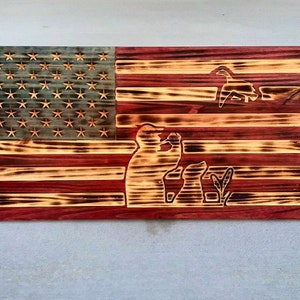 Duck Hunting united states flag - man cave flag- wood burned american flag- hunter flag