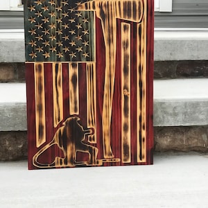 Wood Burned American Flag: Firefighter Hero, Rustic Wall Art (36x18)