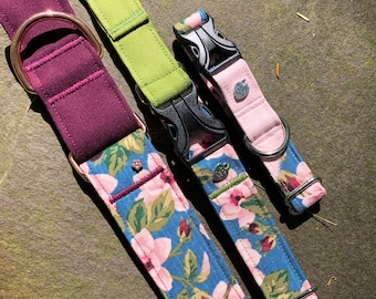 Pink floral on blue dog collar