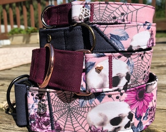 Pink and purple floral skulls dog collar