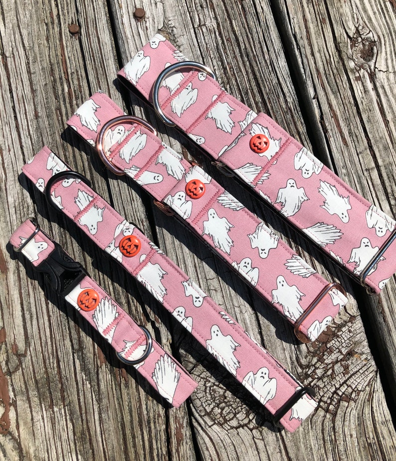 May include: Four pink dog collars with a white ghost and orange pumpkin pattern. The collars are different sizes and have different hardware, including a buckle, a D-ring, and a slider.