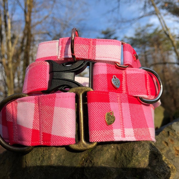 Pink plaid Valentine’s Day dog collar