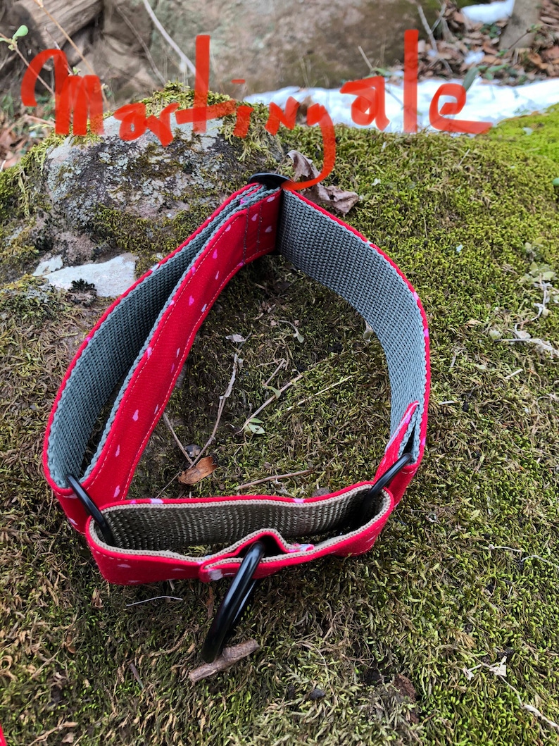 May include: Red dog collar with white polka dots and a gray fabric lining. The collar has a black metal D-ring.