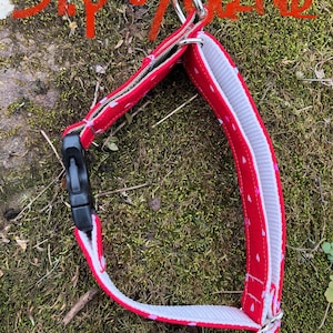 May include: Red dog collar with white hearts printed on it. The collar is made of a soft, durable fabric and has a silver metal slip buckle.