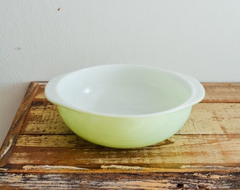 Vintage Yellow Green Pyrex Mixing Bowl, 2 Quart, Milk Glass Interior
