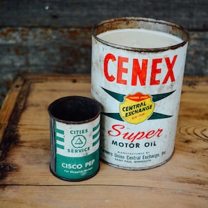 Vintage Cenex Oil Tin Candle, Cisco Pep Green Tin, Vintage Oil Tin, Vintage Tin Candle, Vintage Tins