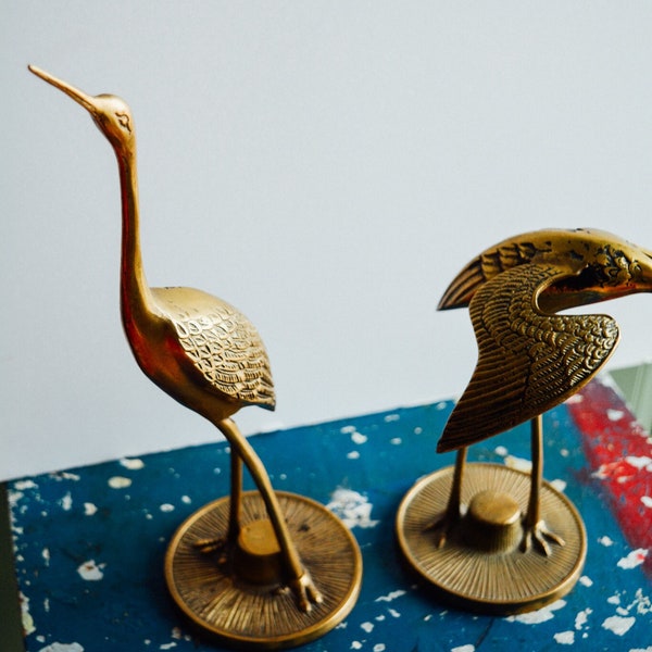 Set of two Brass Cranes, Vintage Brass Crane Pair, Rare Brass cranes/storks, brass cranes, rare brass birds pair, brass birds