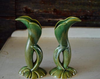 Shawnee 1940s Pottery, Pair of Planters, Green Art Deco