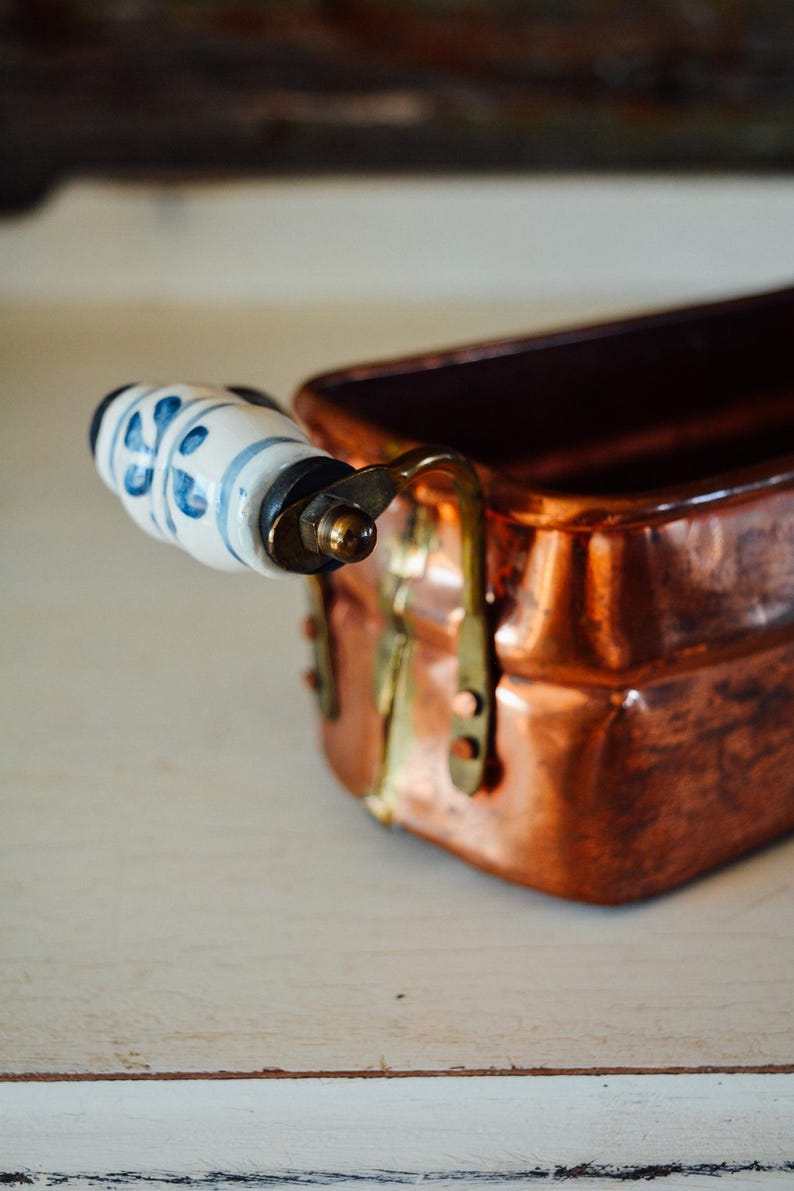 Vintage Copper Pan With Blue and White Ceramic Floral Handles, Made in