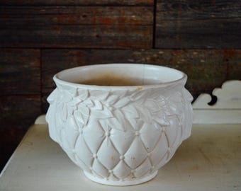 White Mccoy Planter, Quilted Diamond and Berry Jardiniere, with Crack