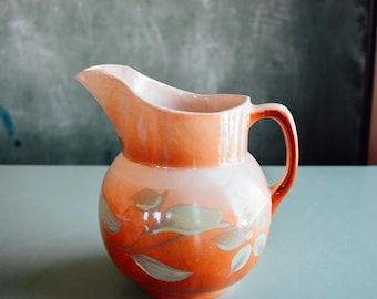 Vintage Watt Yelloware Pitcher Silhouette Green Starflower on Brown, RARE
