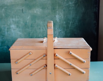 Vintage 1960s Norwegian Mid-Century Tiered Accordion Sewing Box, Vintage Sewing Box, Vintage Sewing, Accordian Sewing Box, Sewing