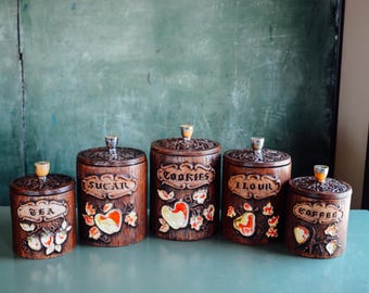 Vintage Canister Treasure Craft Set of 5 Kitchen Canisters, Vintage Kitchen, Woodland Kitchen, Kitsch, Retro Kitchen