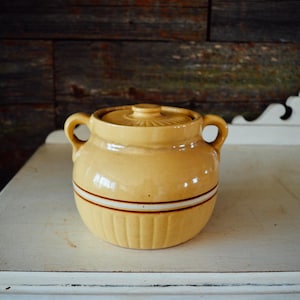 Può includere: Un vaso in ceramica gialla con due manici laterali e un coperchio abbinato. Il contenitore presenta una fascia bianca orizzontale al centro e dettagli a coste verticali nella parte inferiore. La superficie ha una finitura liscia e lucida.