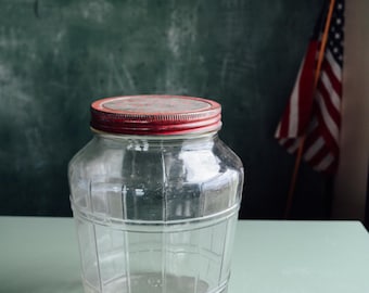 Vintage Nash's Coffee Jar Barrel Shaped Glass Jug, Vintage Glass Jug, Sun Tea Jug Canister, Vintage Glass PItcher, Patriotic Decor, Jar