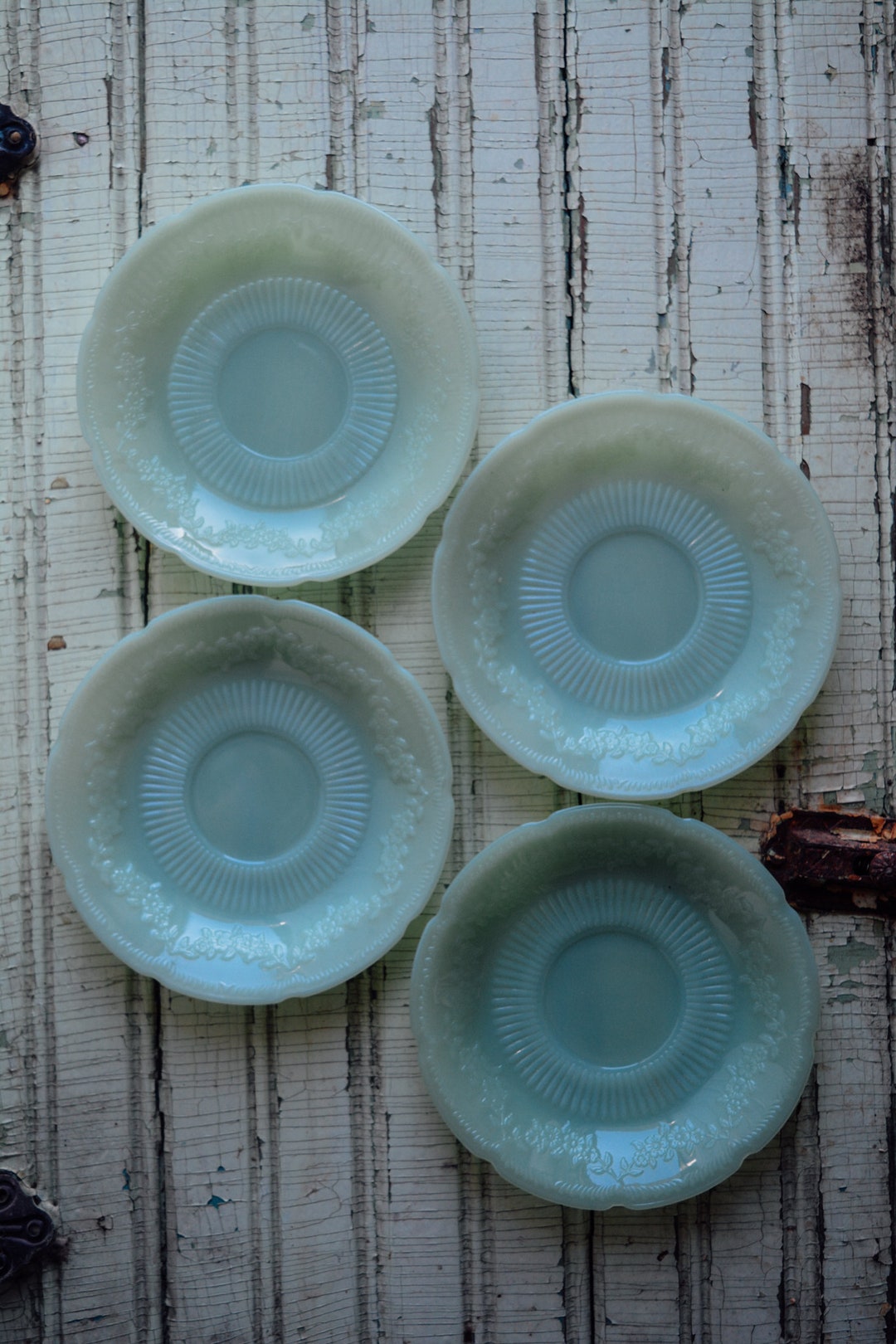 Fireking Jadeite Alice Saucers Set of 4, Jadite Glass Anchor Hocking