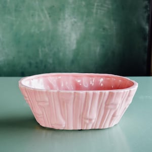 Könnte beinhalten: Eine rosa Keramikschale mit einem strukturierten, bambusartigen Design. Die Schale ist oval und steht auf einer hellgrünen Oberfläche. Der Hintergrund ist eine dunkelgrüne Tafel.