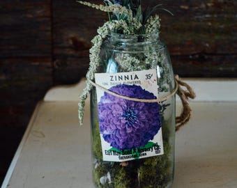 Vintage Ball Jar, Blue, with Vintage Seed Packet and Faux Florals