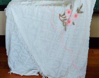 Vintage Chenille Blanket, Pink & Green Floral, Vintage Chenille Throw, Vintage Chenille, Vintage Bedspread, Vintage Chenille Spring