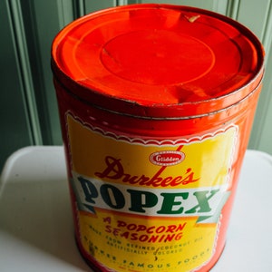 Vintage Popcorn Durkees Popex Popcorn Tin, Vintage Popcorn Tin, Vintage Popcorn, Vintage Americana, Popcorn Tin, Popcorn Tins