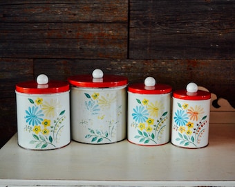 Vintage Canister Set of 4, Vintage Red Kitchenware, Vintage Kitchen, Kitchen Canisters, Vintage Retro Kitchen Canister, Canisters